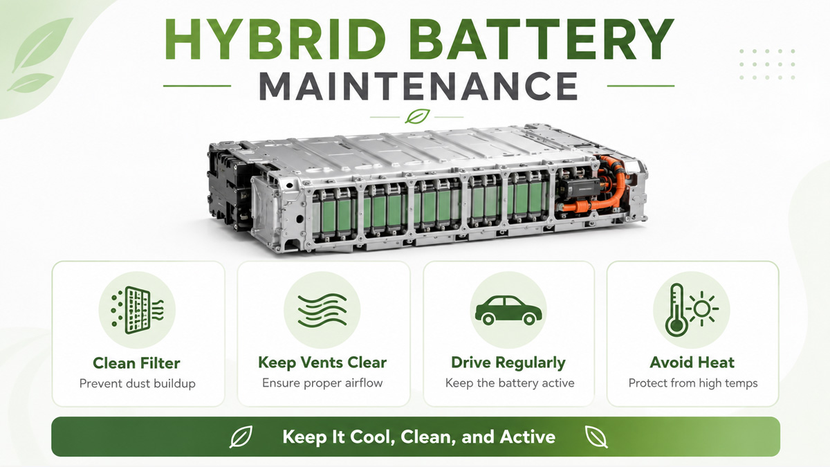 Hybrid battery maintenance with filter cleaning, cooling fan care, and clear air vents