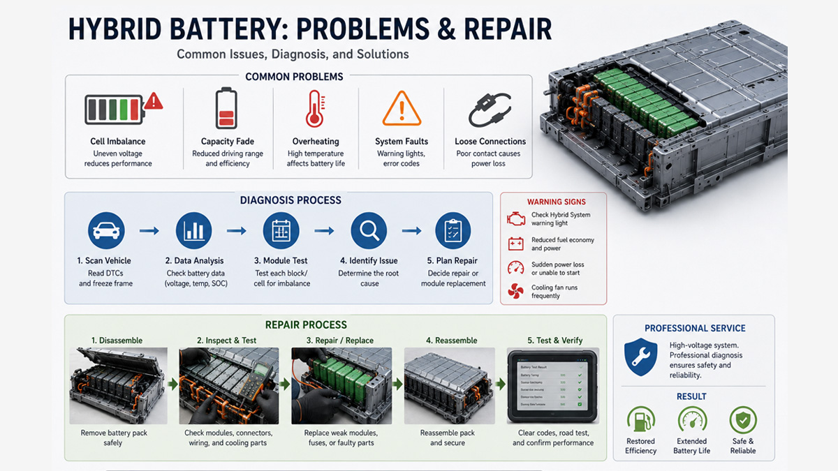 Hybrid battery problems, inspection, and repair for common failure signs