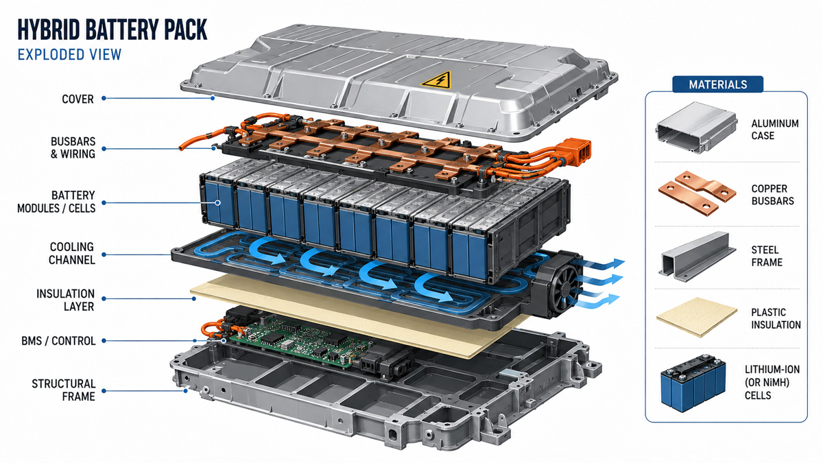 Hybrid car battery pack showing cells, modules, structure, and battery materials