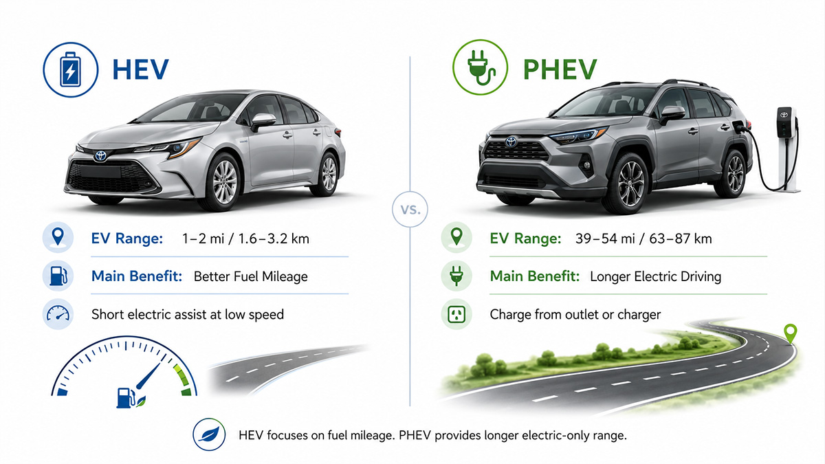 Toyota hybrid driving range and fuel mileage comparison for HEV and PHEV models