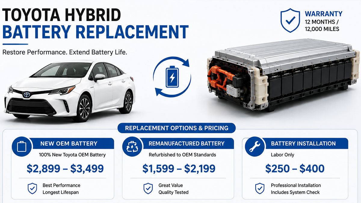 Toyota hybrid battery replacement options with estimated cost and installation service