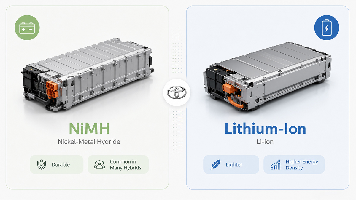 Toyota hybrid battery types including NiMH and lithium-ion battery packs