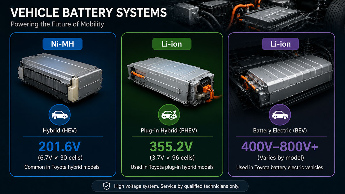 Toyota hybrid battery voltage range for NiMH and lithium-ion packs