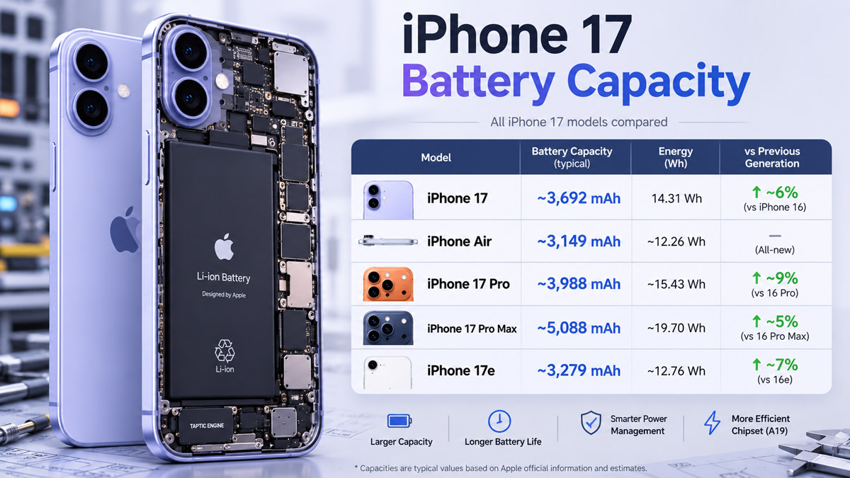 iPhone 17, Air, Pro, Pro Max and 17e battery capacity