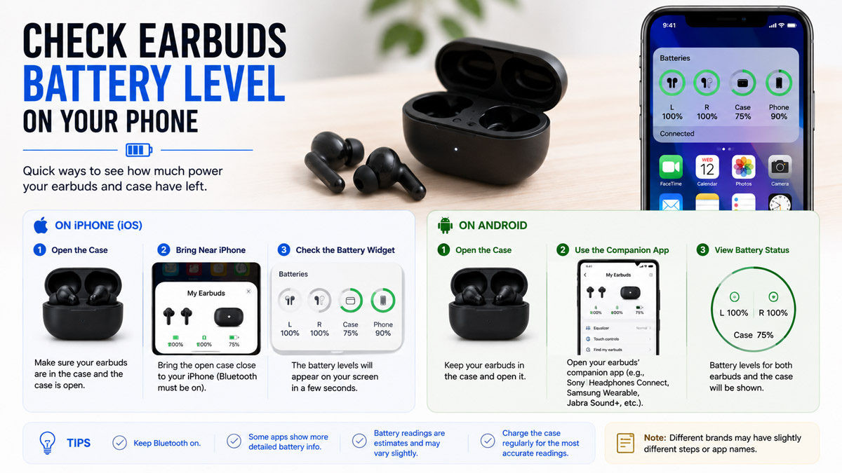 Check earbuds battery level on iPhone and Android phones