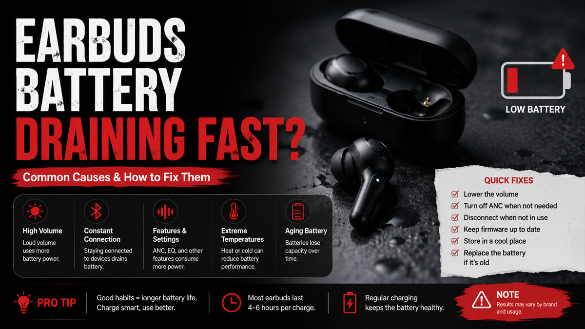Earbuds battery draining fast causes, aging, abnormal drain and battery-saving tips