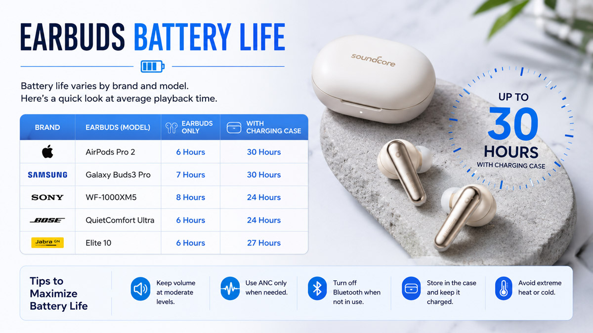 Earbuds battery life by brand comparison and best battery life models