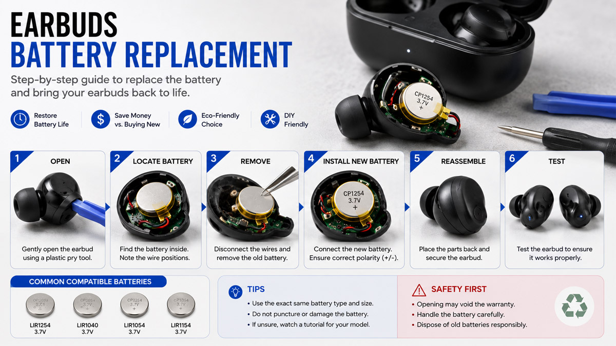 Earbuds battery replacement, battery types, size, voltage and capacity checking