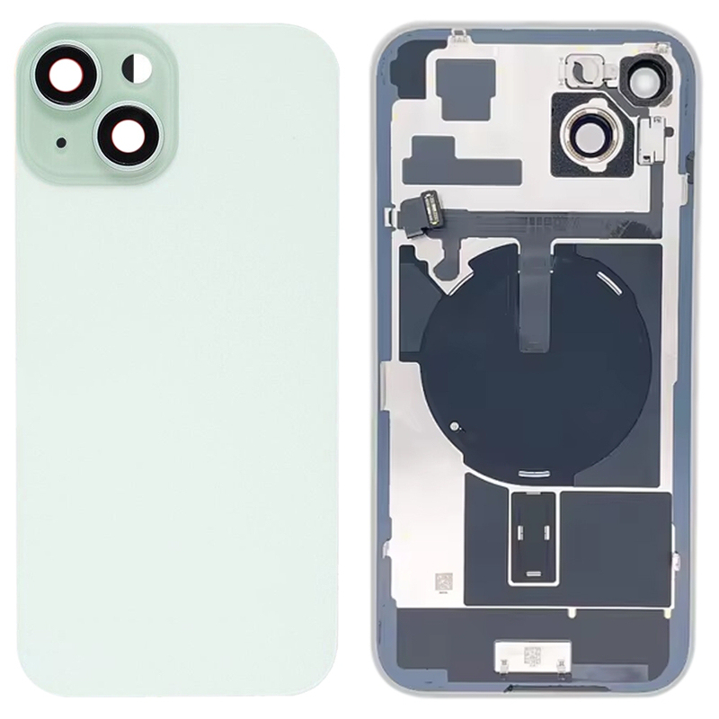 Battery Door + Back Camera Lens and Bezel with Magnetism Ring+Metal Plate+Wireless Charger Chip+Flash Light for iPhone 15 Plus High Copy