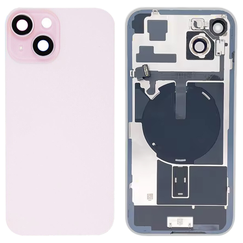 Battery Door + Back Camera Lens and Bezel with Magnetism Ring+Metal Plate+Wireless Charger Chip+Flash Light for iPhone 15 Plus High Copy