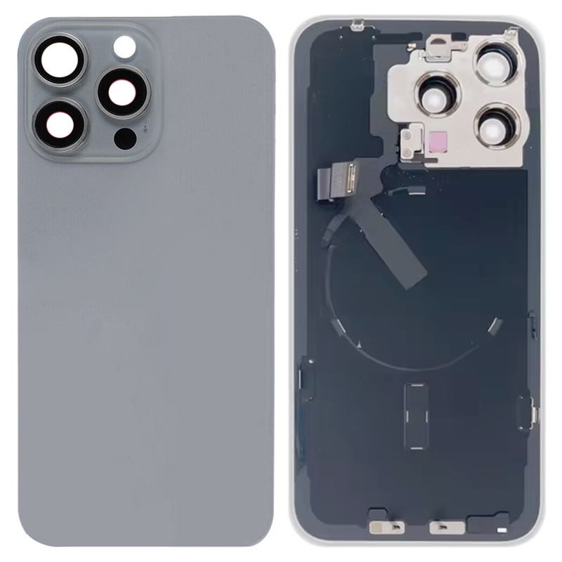 Battery Door + Back Camera Lens and Bezel with Magnetism Ring+Metal Plate+Wireless Charger Chip+Flash Light for iPhone 15 Pro Max  Black HQ