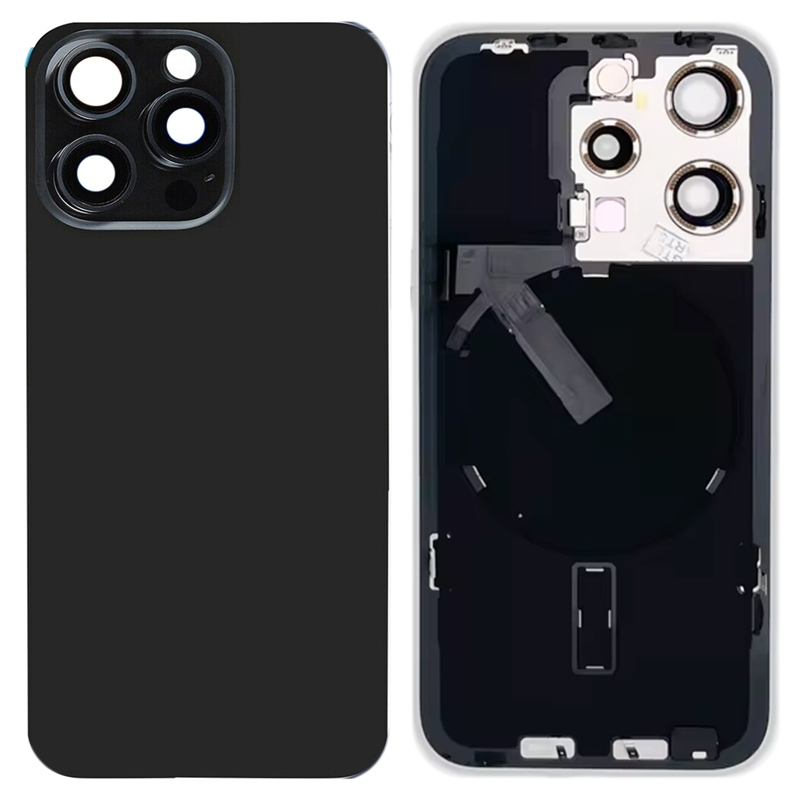 Battery Door + Back Camera Lens and Bezel with Magnetism Ring+Metal Plate+Wireless Charger Chip+Flash Light for iPhone 15 Pro Black Titanium HQ