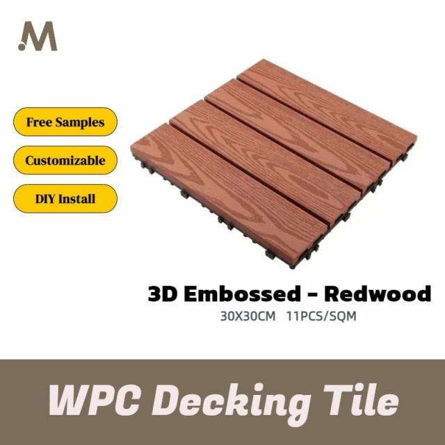 30X30cm Interlocking DIY WPC Decking Tiles - 3D Embossed Redwood Color