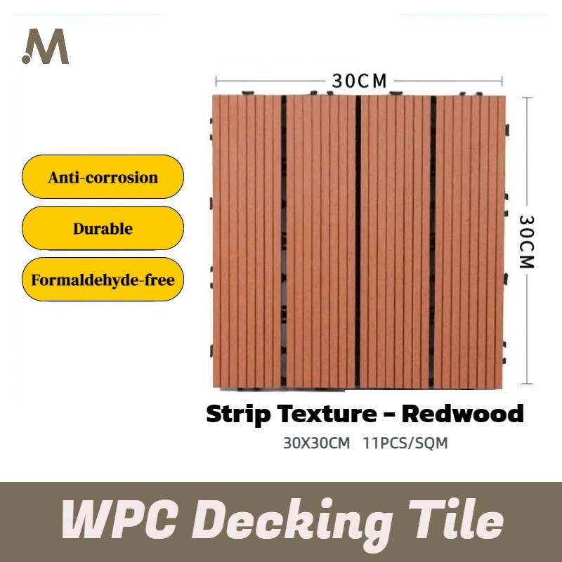 30X30CM Interlocking WPC Deck Tiles - Strip Texture Redwood Color