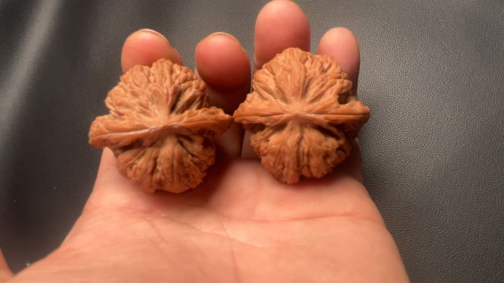 Hand-held walnuts with intricate patterns, resembling lion's head walnuts, are believed to promote health and wellness, and may help prevent Alzheimer's disease. They are small in size, have a high density, are premium pairs, and originate from China.