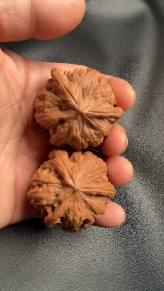 Hand-held walnuts, concave bottom, perfectly triangular shape, high-end and elegant, exquisite pair, red skin, mountain-grown fruit. A fine pair, perfect for personal enjoyment or as a gift.