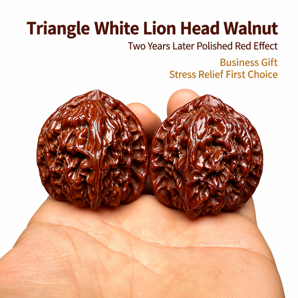 38mm Natural Triangle White Lion Head Wenwan Walnut, Wild Un-spliced Chinese Hand Play Collectible for Meditation & Desk Decor