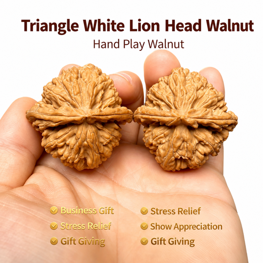 38mm Natural Triangle White Lion Head Wenwan Walnut, Wild Un-spliced Chinese Hand Play Collectible for Meditation & Desk Decor