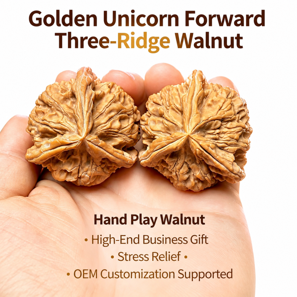 Natural Kylin Three-Ridge Wenwan Walnut Pair, Hand Matched Raw Skin Chinese Oriental Collectible Stress Relief Hand Fidget Gift Wholesale Custom Logo