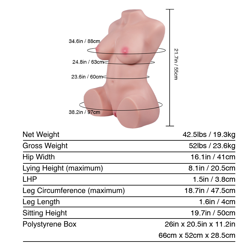 Tantaly® Candice Pro: 55cm (22.7”) 42.5lbs Sex Doll Torso with Removable Vagina and Tantabosom, In Stock