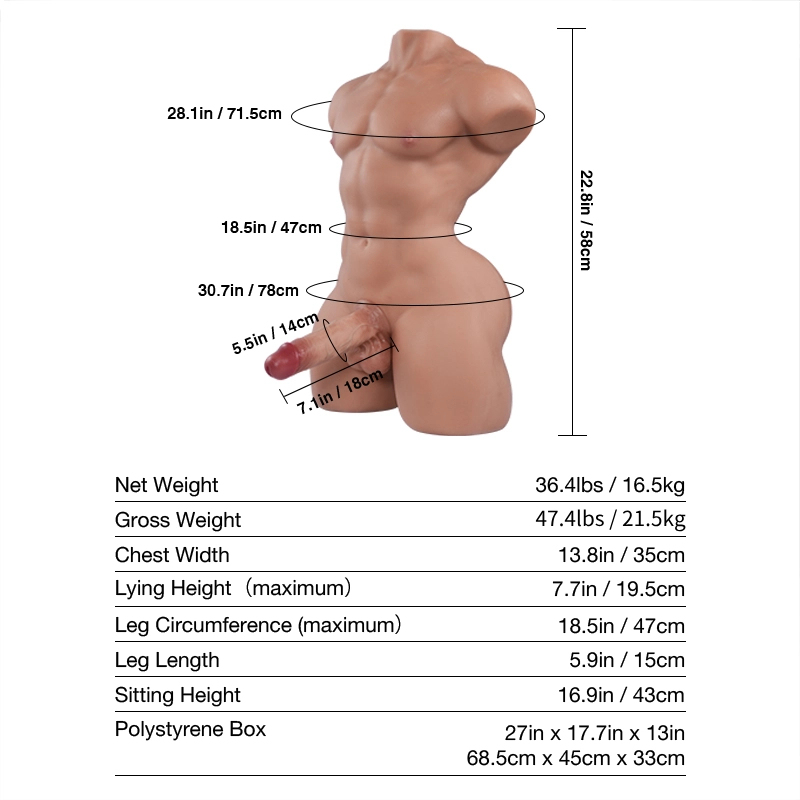 Tantaly® Mark Pro: 58cm (22.8”) 36.4lbs TPE Male Sex Doll Torso with Three Silicone Removable Dildos, In Stock (US, CA & EU-Only)