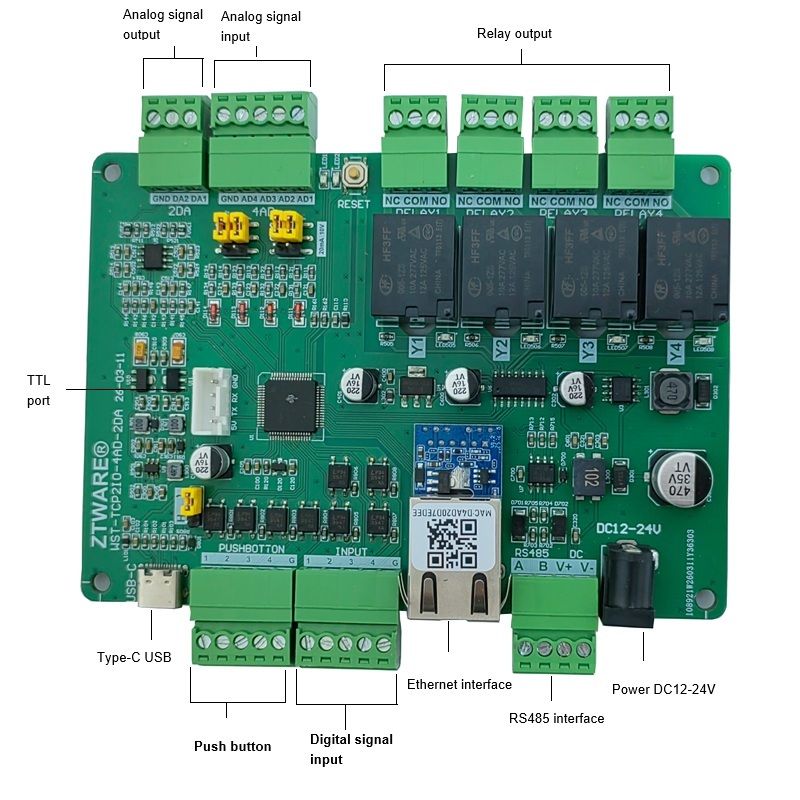 MODBUS Ethernet 4CH Relay IO module(WST-TCP2IO-4AD2DA)