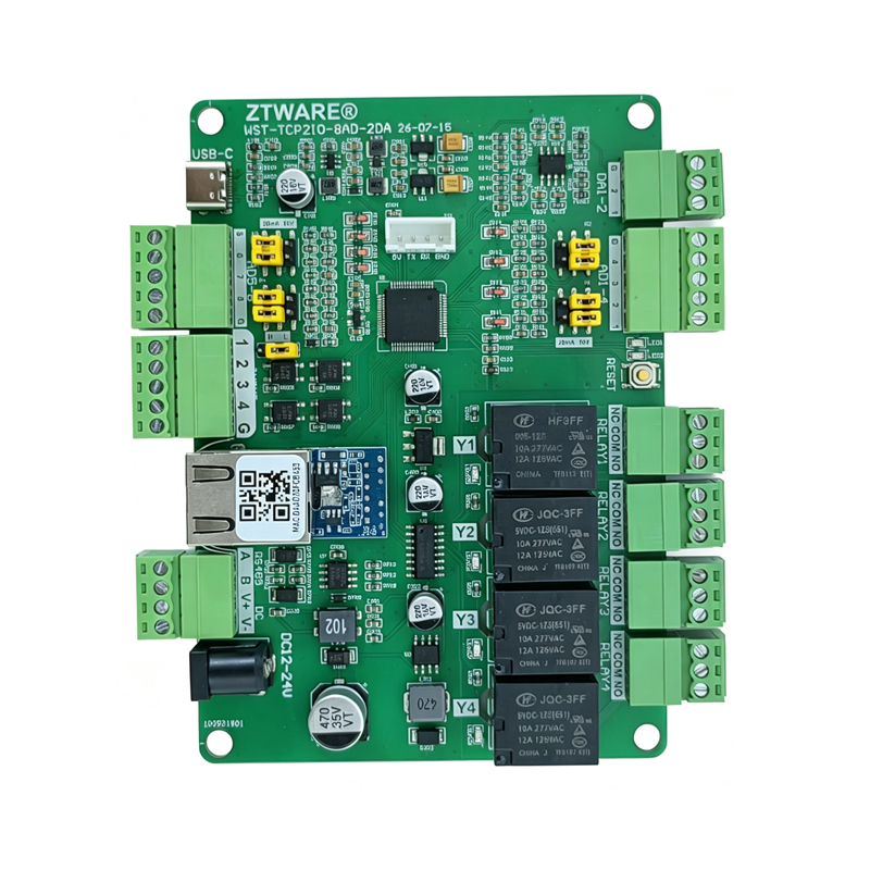 TCP/IP Modbus 4 digit inputs 4 relay outputs with 8 Analog inputs 2 Analog outputs IO board(WST-TCP2IO-8AD2DA)