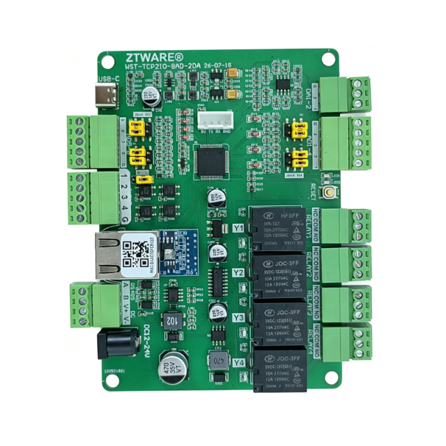 TCP/IP Modbus 4 digit inputs 4 relay outputs with 8 Analog inputs 2 Analog outputs IO board(WST-TCP2IO-8AD2DA)