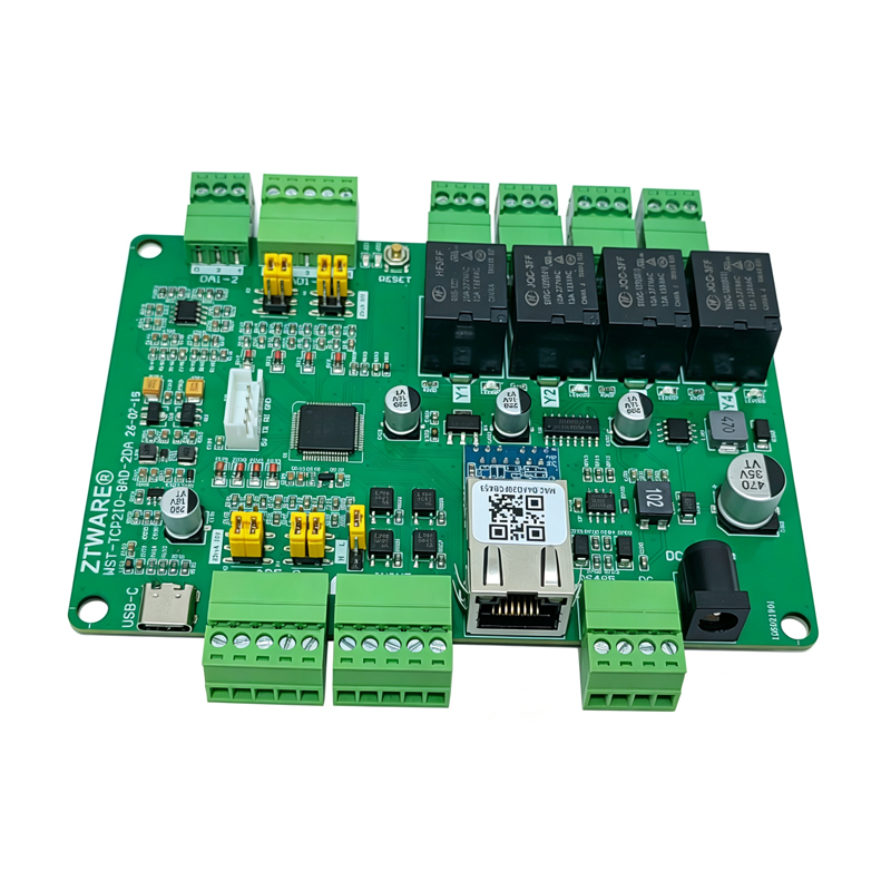 TCP/IP Modbus 4 digit inputs 4 relay outputs with 8 Analog inputs 2 Analog outputs IO board(WST-TCP2IO-8AD2DA)
