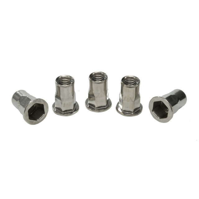 Flat head internal and external hexagon rivet nuts