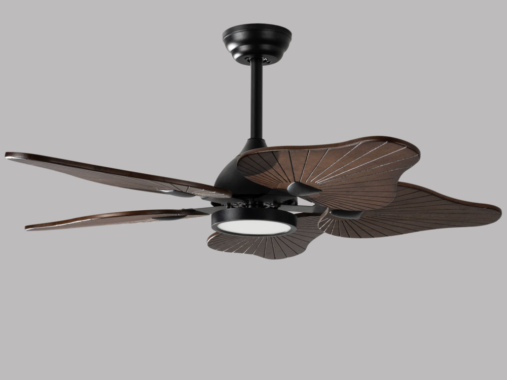 44" Mahogany Brown Ceiling Fan with Solid Wood Banana Leaf Blades, 3-Light Modes & Quiet 6-Speed Control