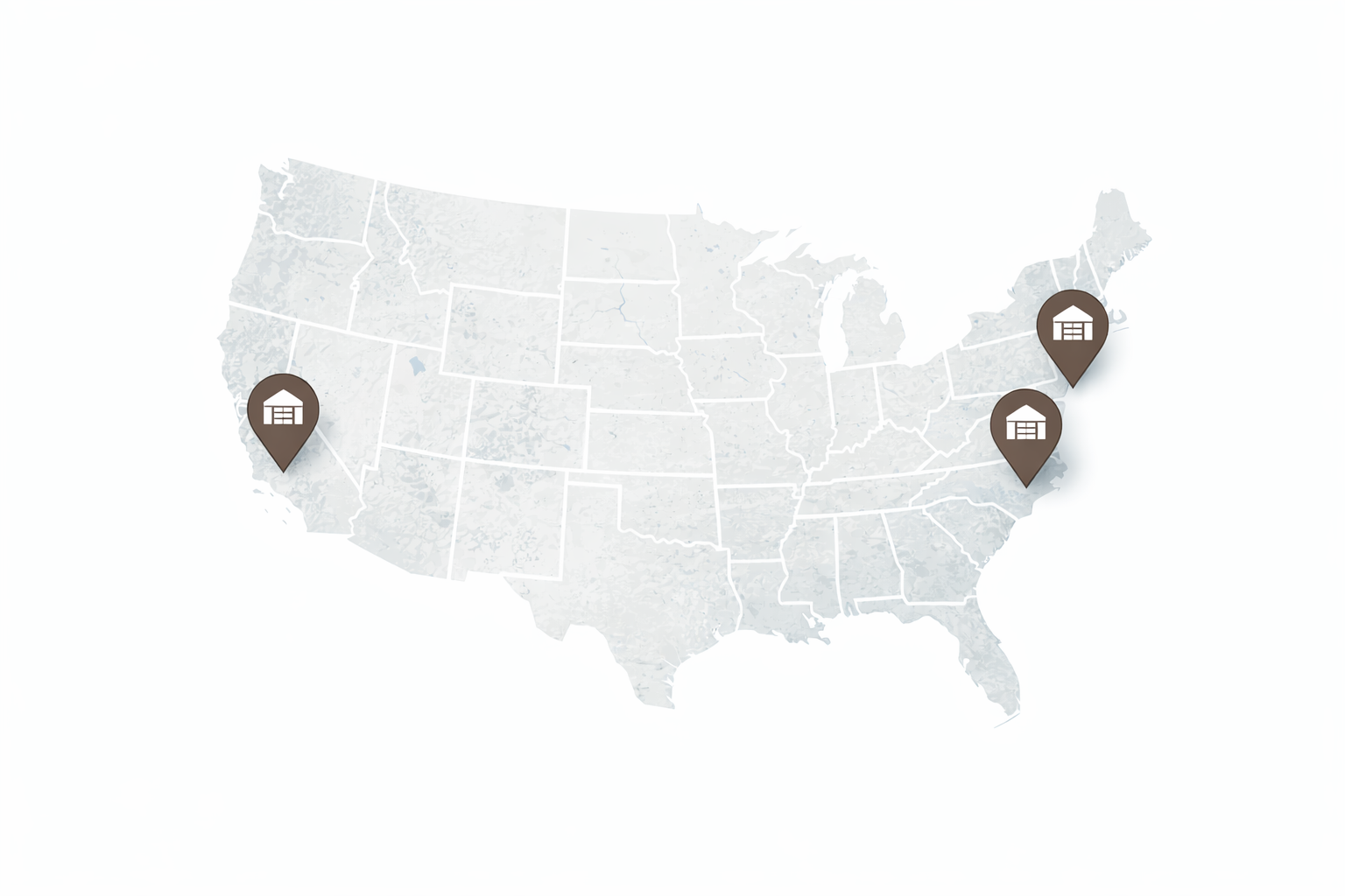 U.S. warehouse locations in California, New Jersey, and Georgia
