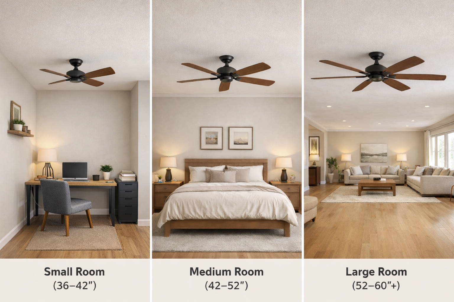 ceiling fan size chart showing small medium and large room fan size recommendations