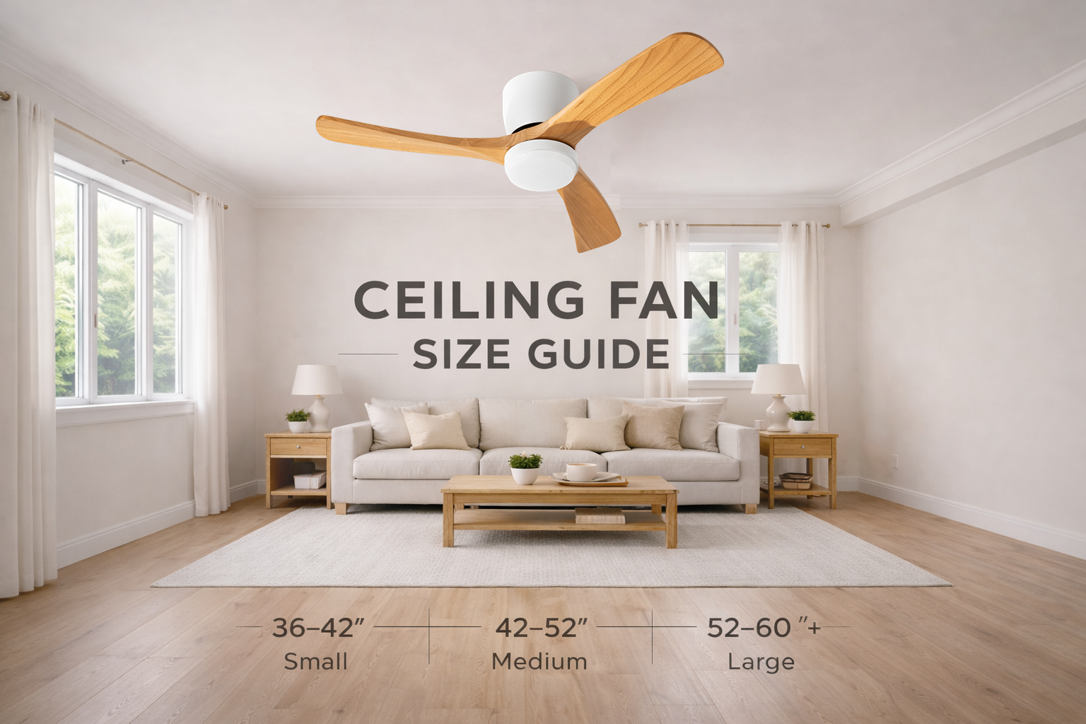ceiling fan size guide showing 36-42 inch, 42-52 inch, and 52-60 inch fans for different room sizes