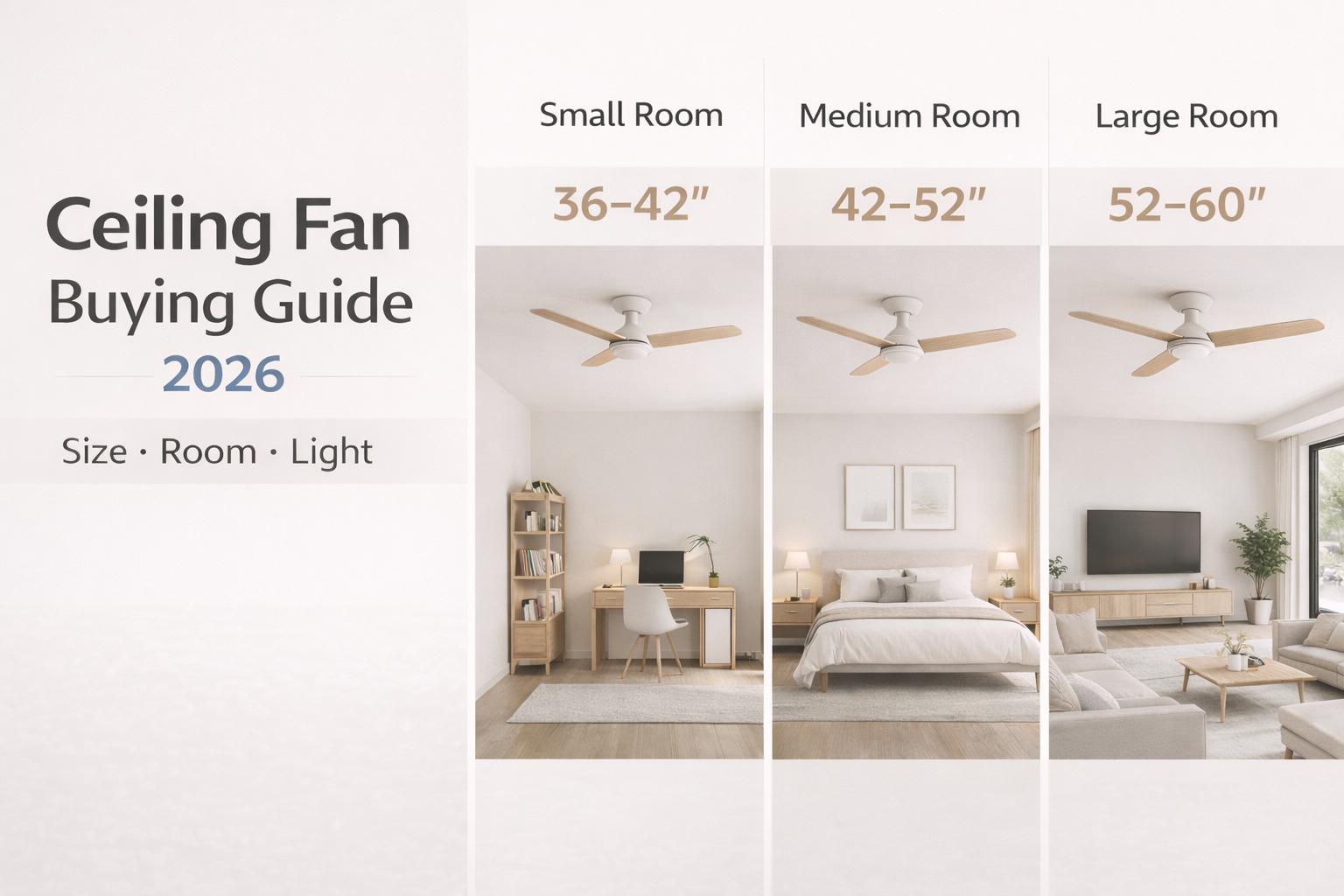 ceiling fan buying guide showing fan size by room size comparison