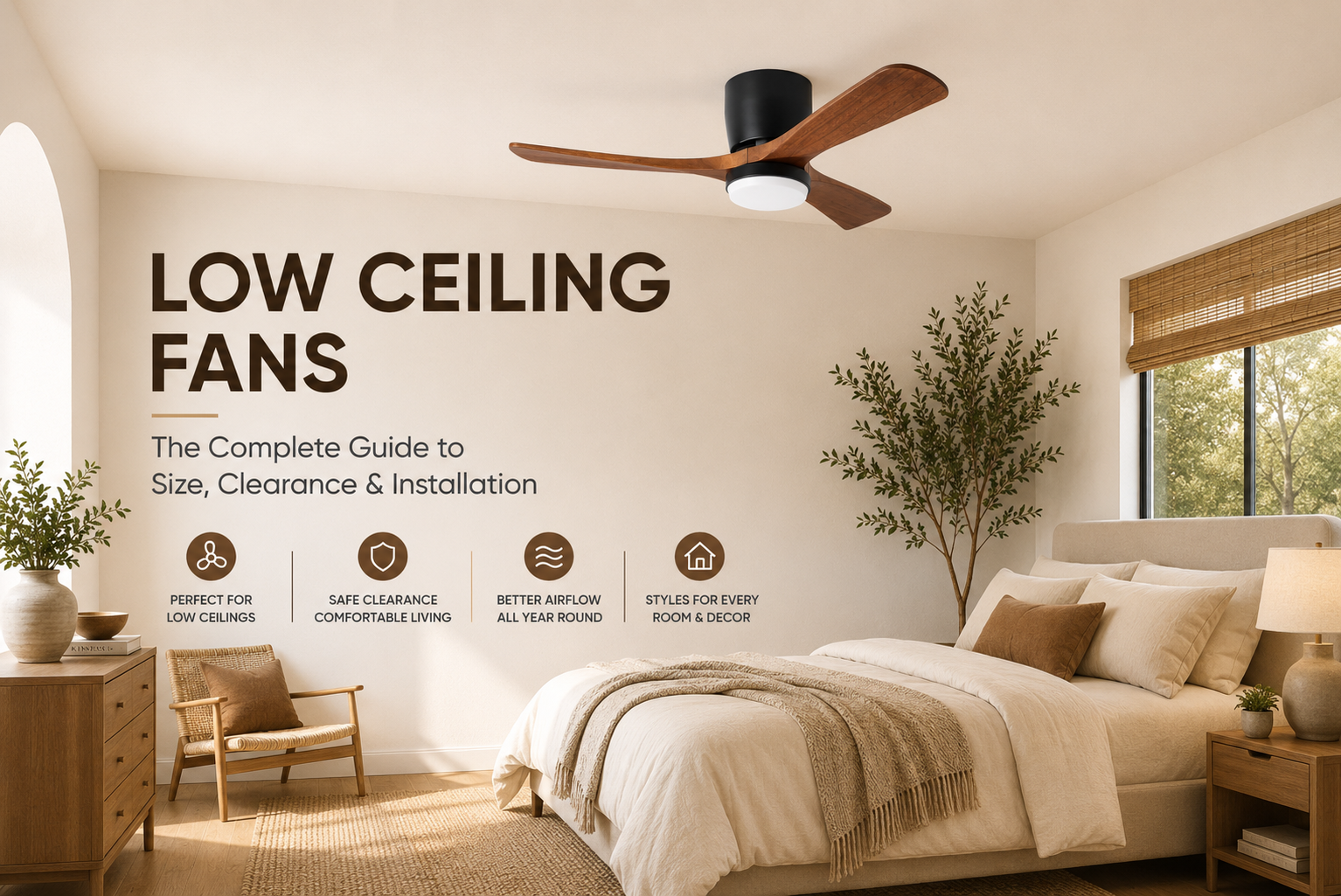 Modern low ceiling bedroom with flush mount ceiling fan and Scandinavian interior design