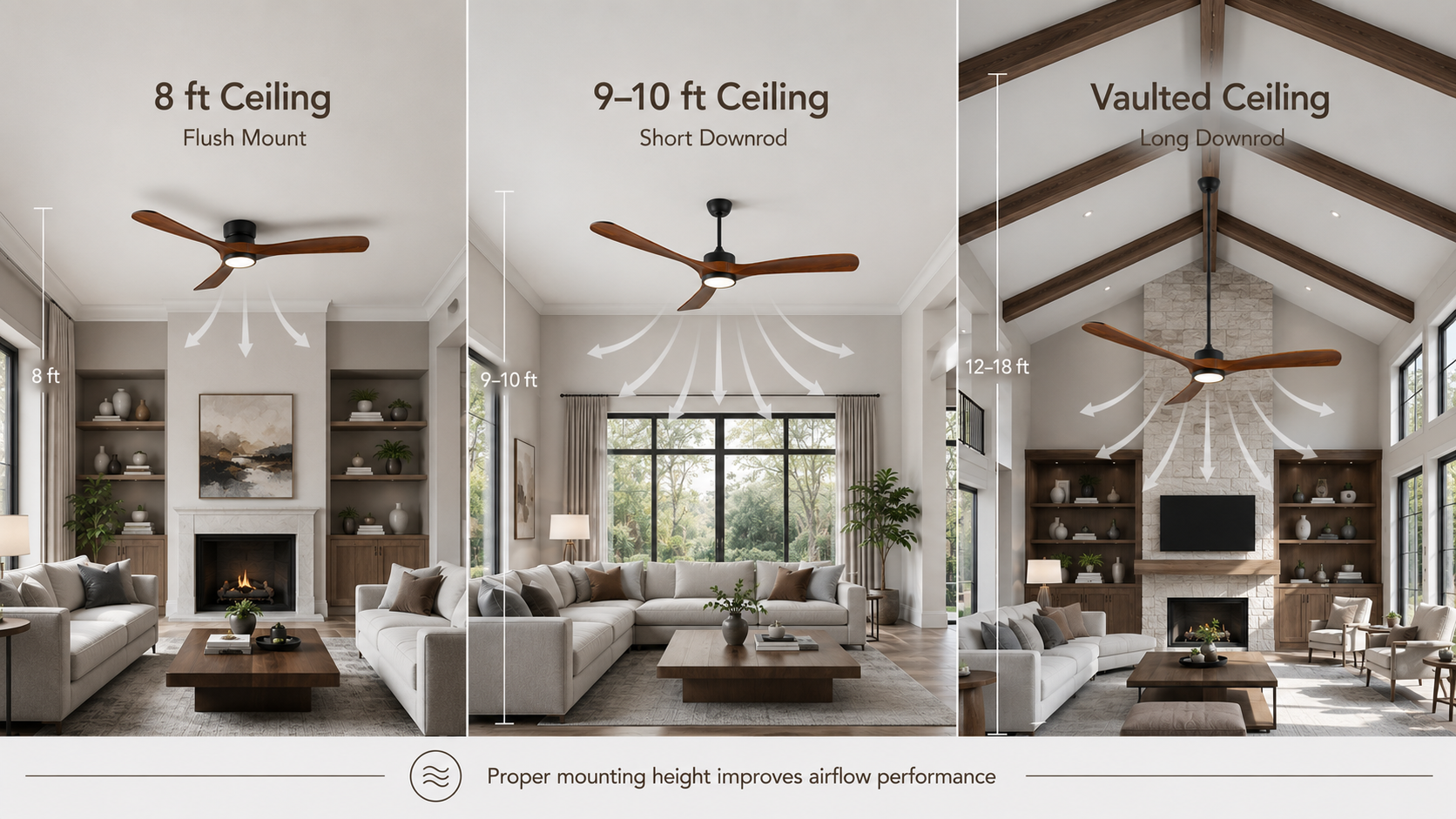 Ceiling fan downrod height guide for large rooms and vaulted ceilings