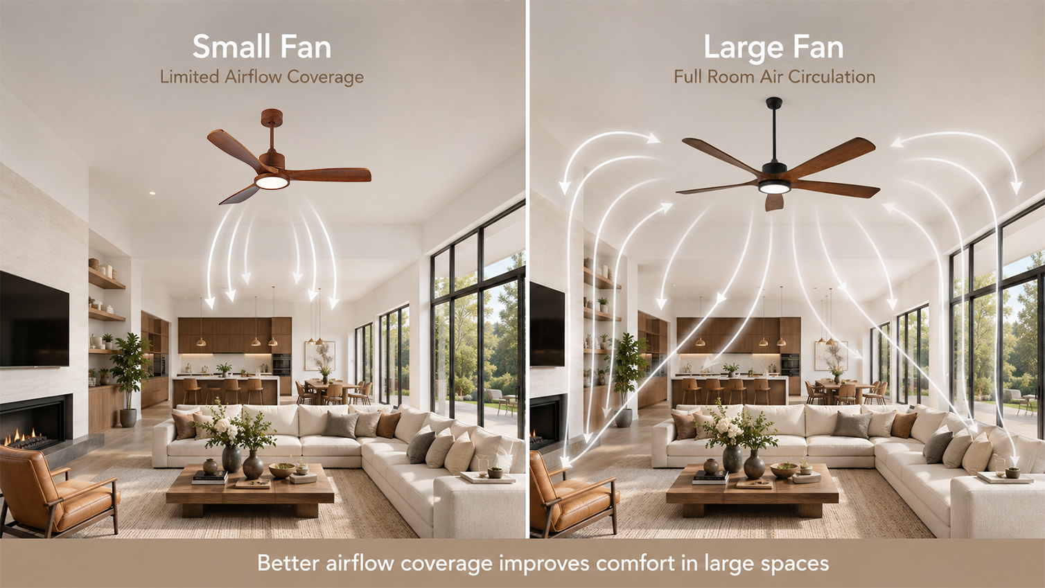 Airflow comparison between small and large ceiling fans in a spacious living room