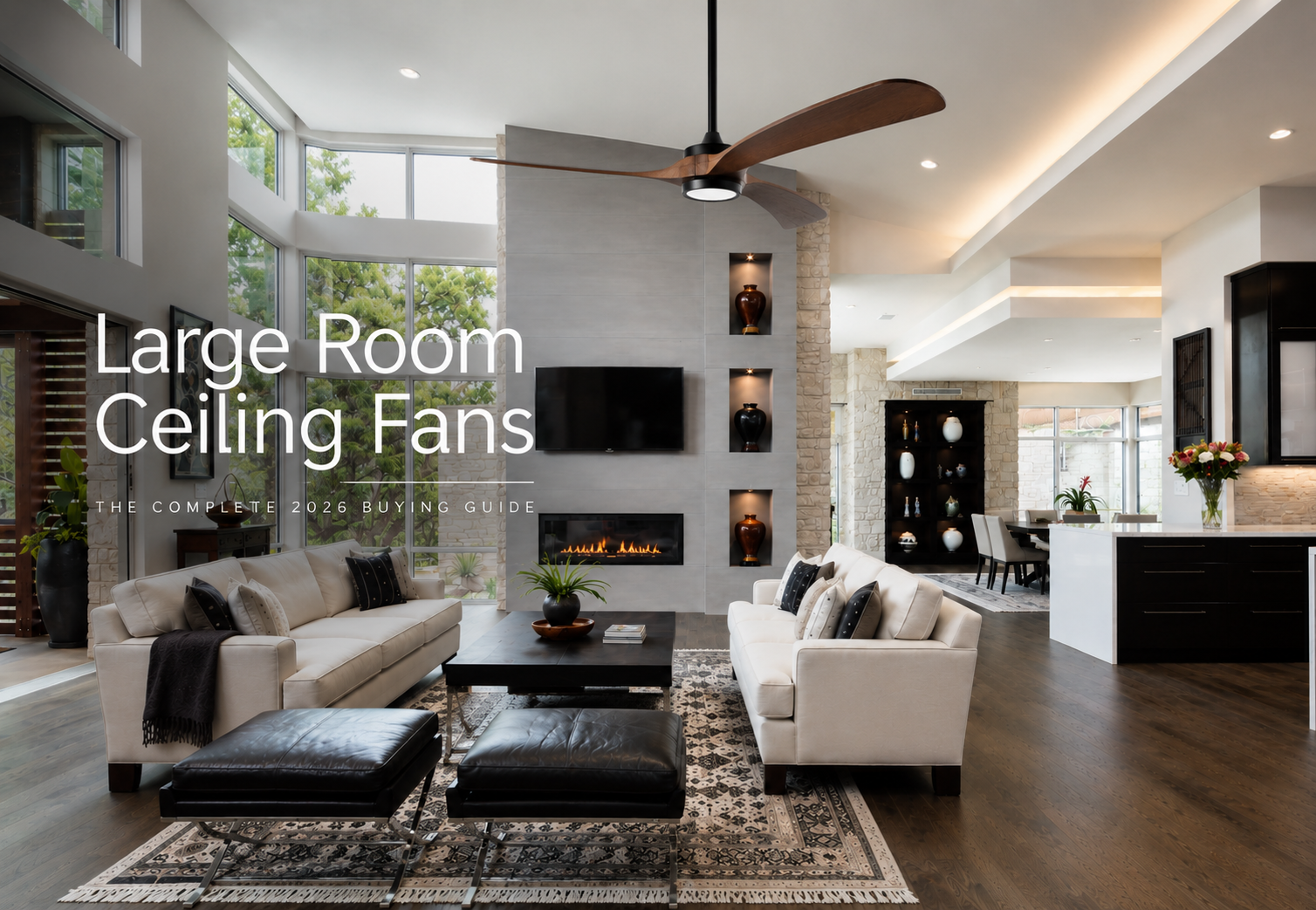 Large room ceiling fan installed in a modern open-concept great room with vaulted ceiling