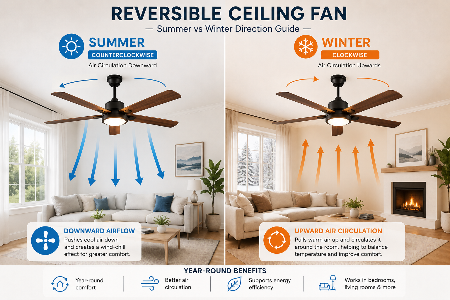 Reversible ceiling fan summer vs winter airflow direction guide with clockwise and counterclockwise rotation