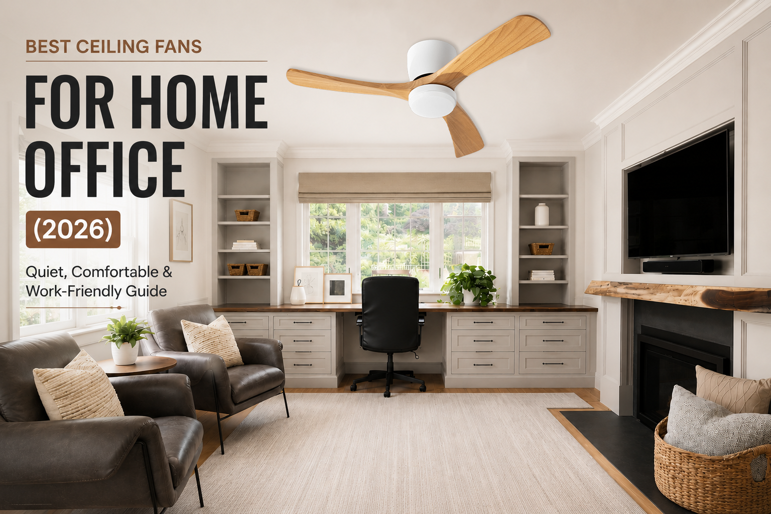 modern home office with quiet ceiling fan and workspace desk