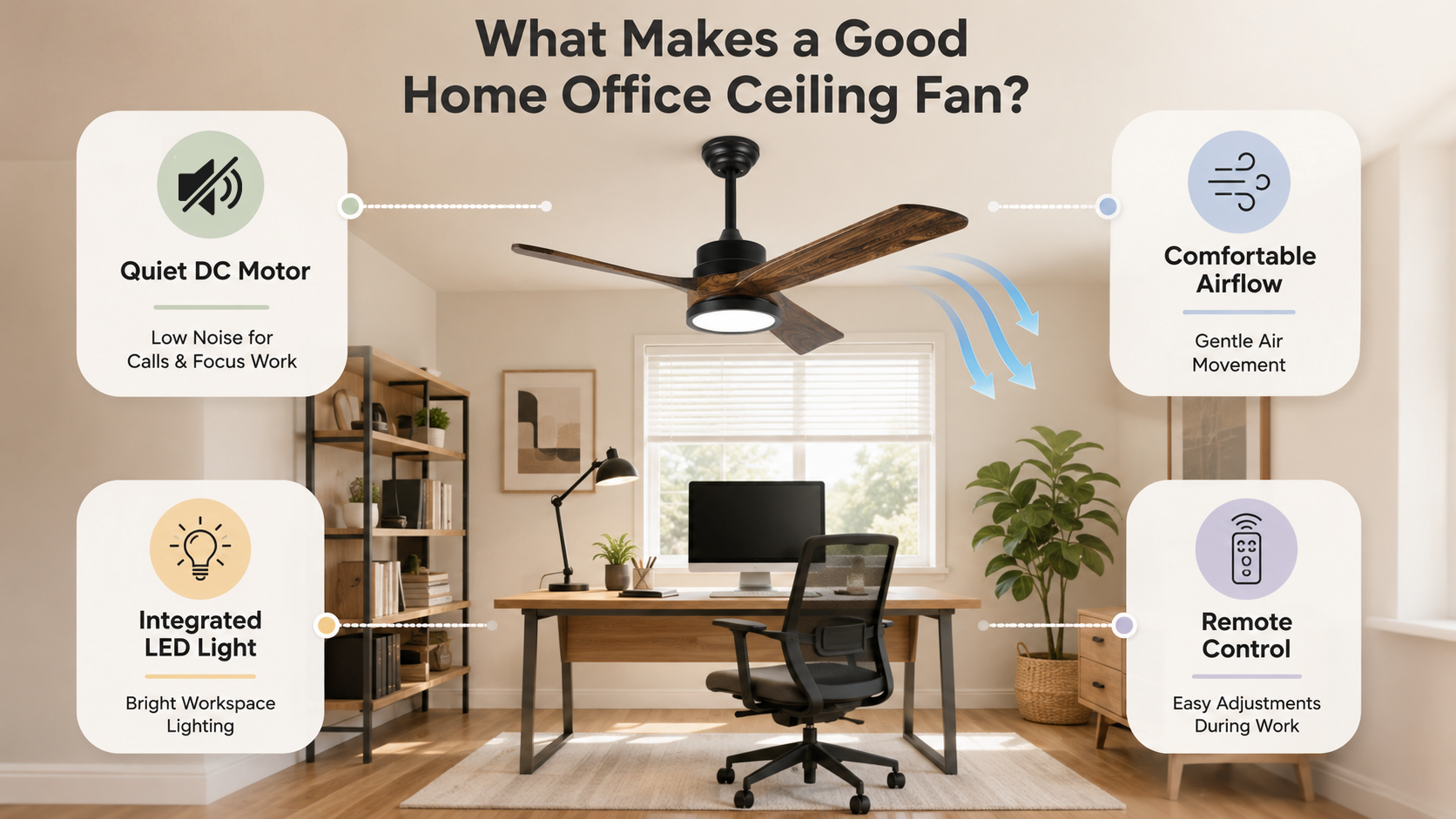 home office ceiling fan infographic with quiet motor airflow lighting and remote control features