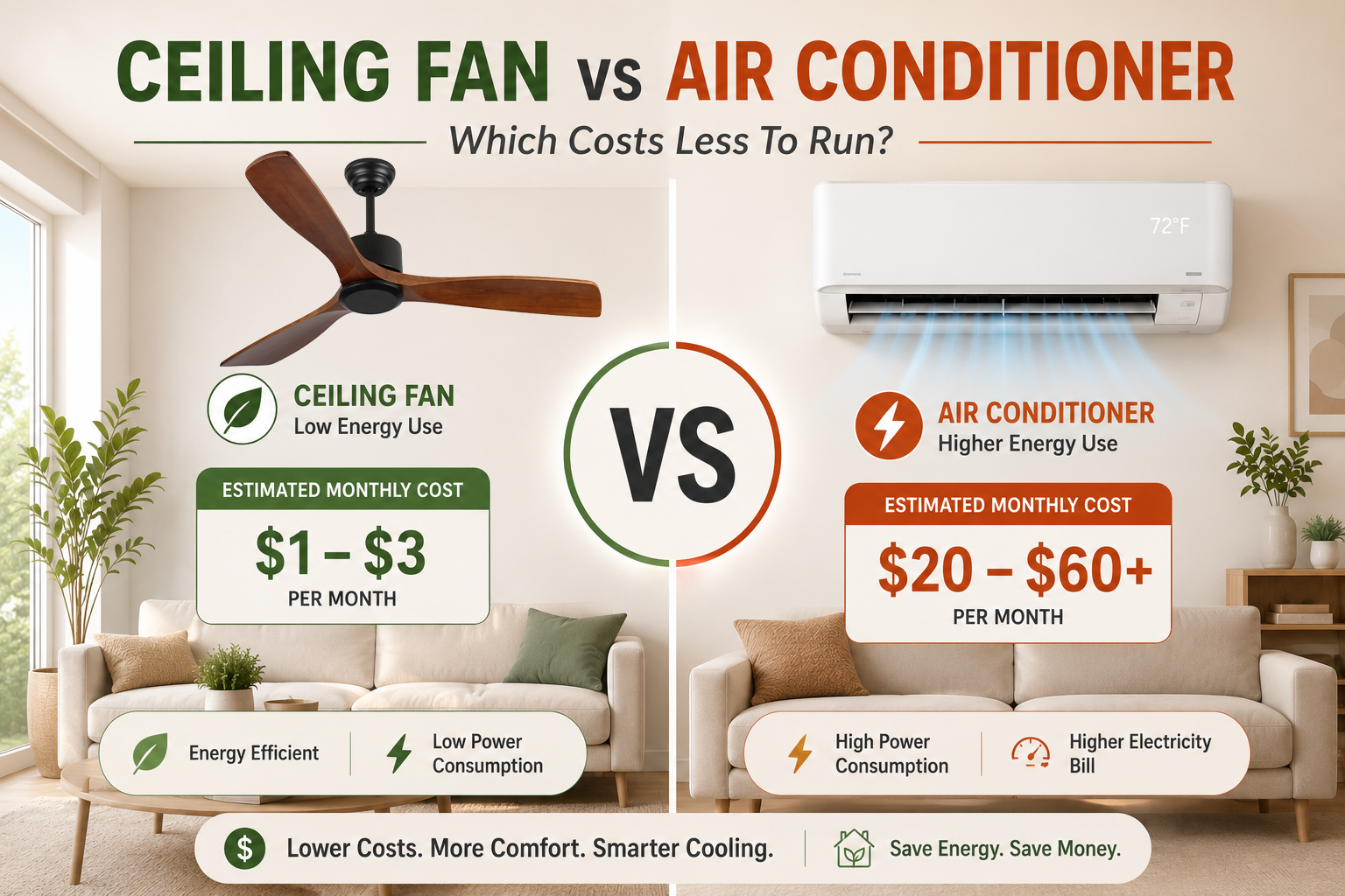 Ceiling fan vs air conditioner cost comparison showing energy use and estimated monthly operating costs