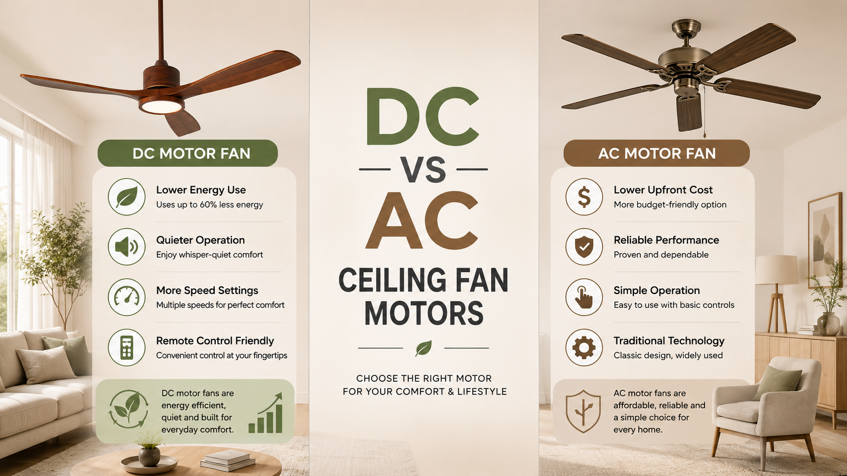 DC motor vs AC motor ceiling fan comparison showing energy efficiency noise levels and control options