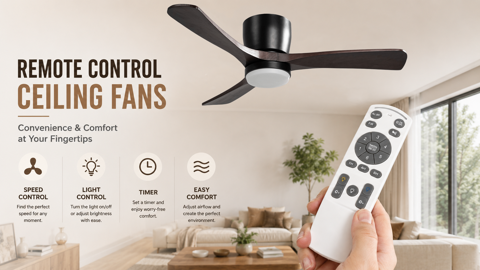 Remote control ceiling fan with light in a modern living room showing comfort and easy control