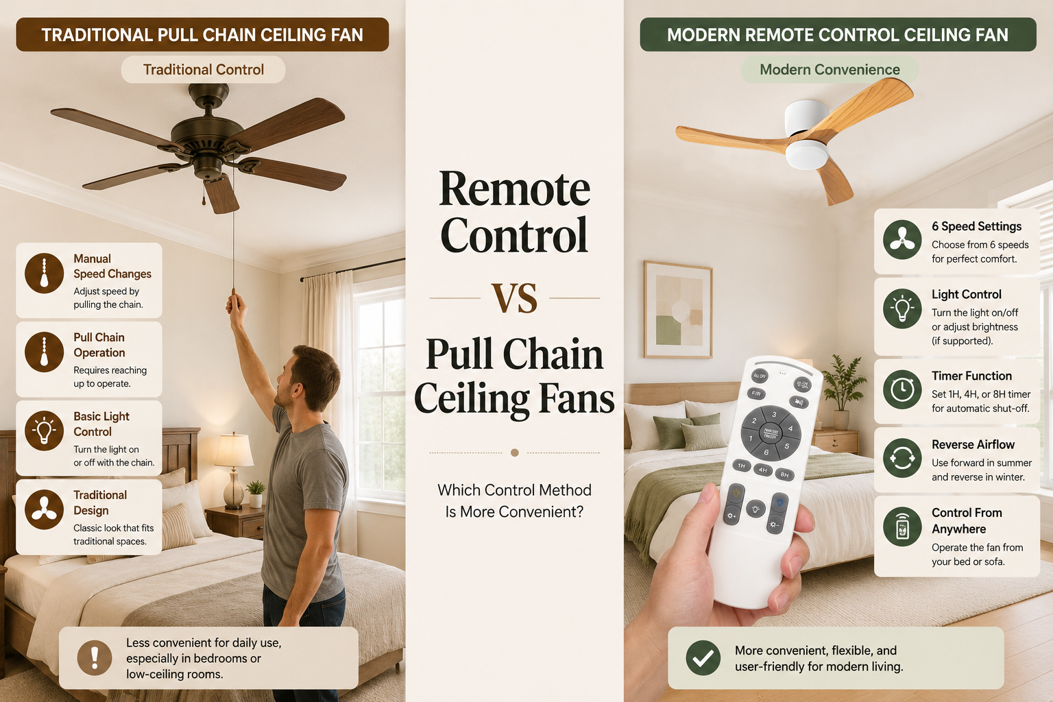 Remote control ceiling fan compared with traditional pull chain ceiling fan for convenience and daily use