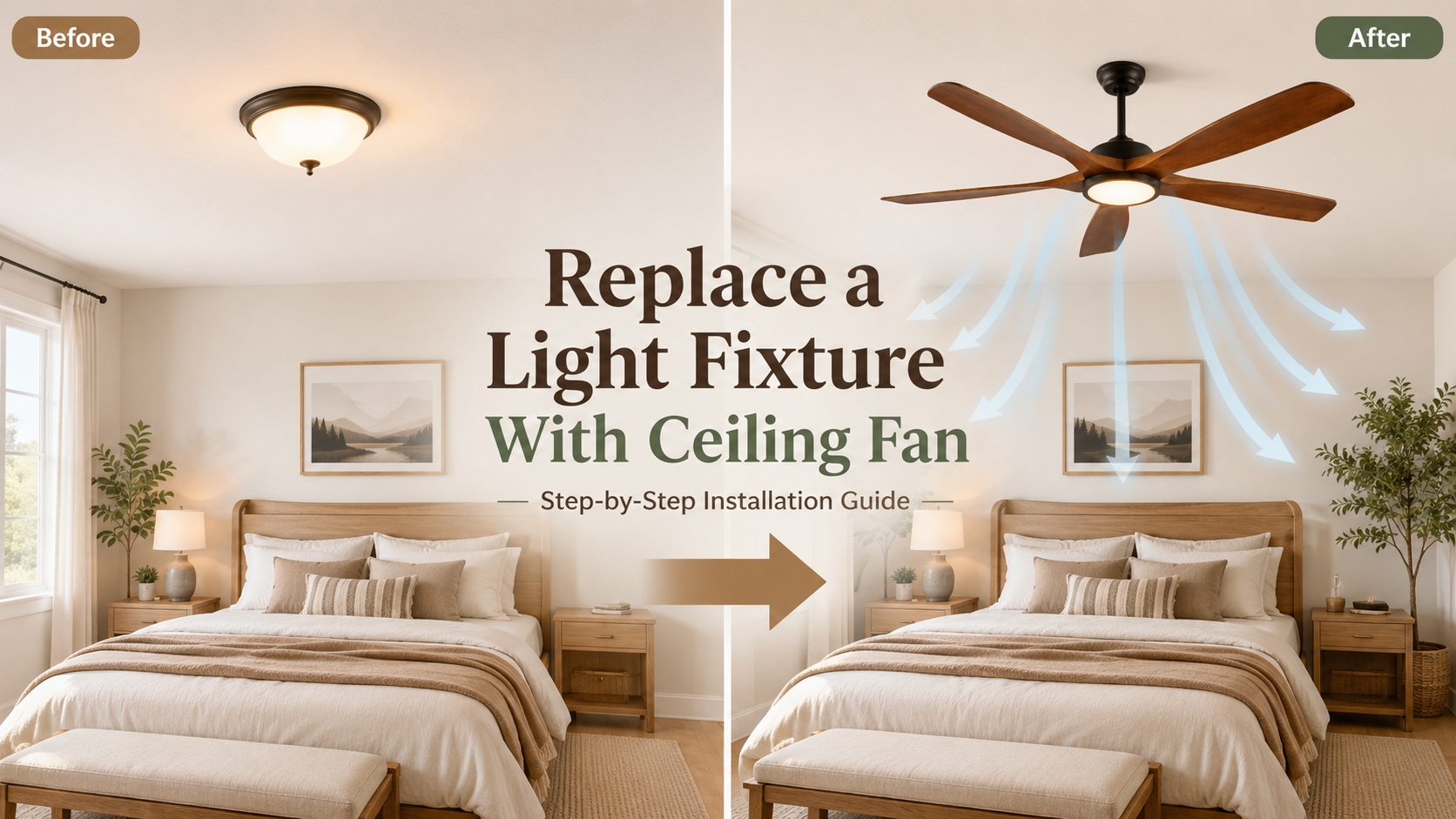 Replacing a ceiling light fixture with a ceiling fan in a modern bedroom