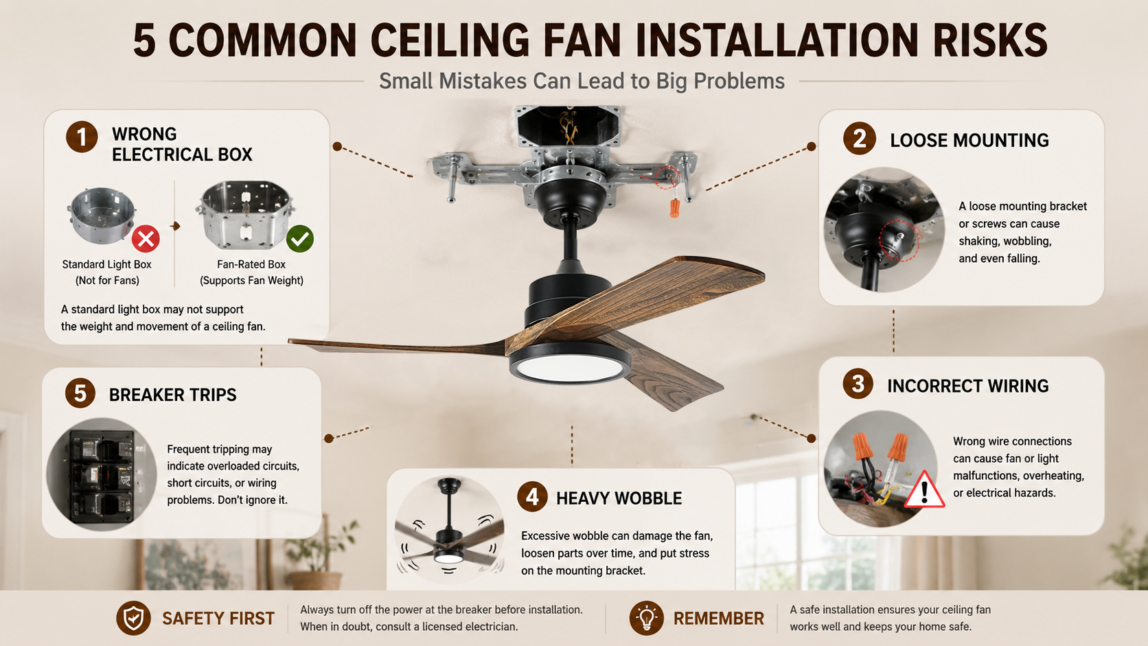 Ceiling fan installation safety risks including wrong electrical box loose bracket wiring mistakes and fan wobble