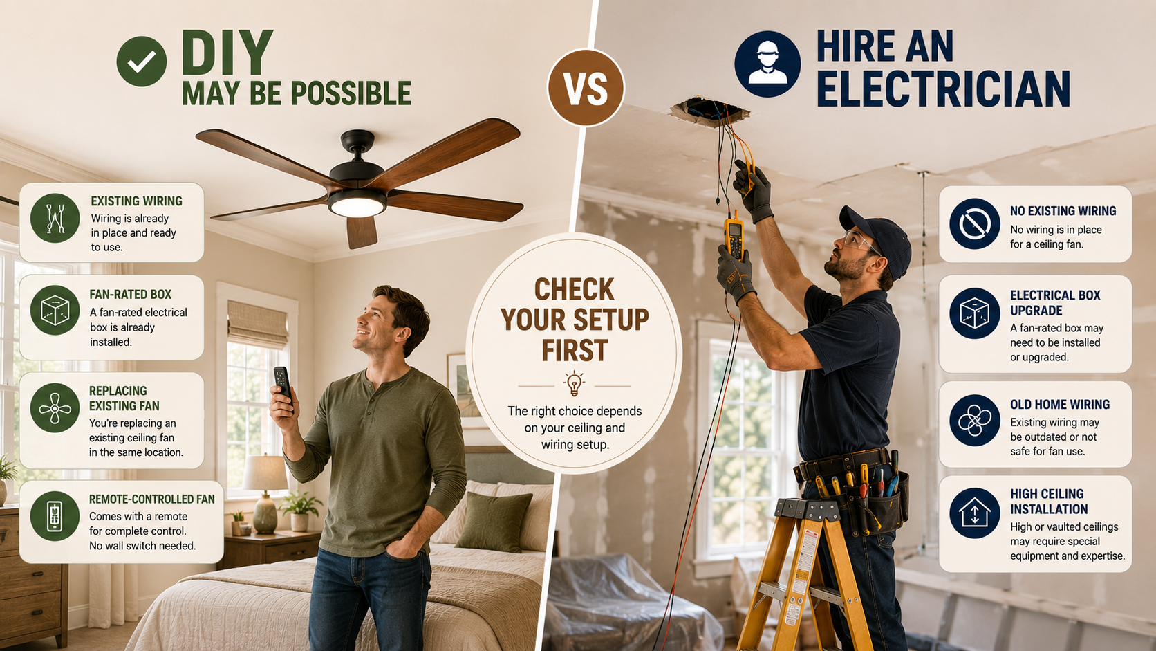 DIY versus electrician ceiling fan installation comparison showing existing wiring and new wiring situations