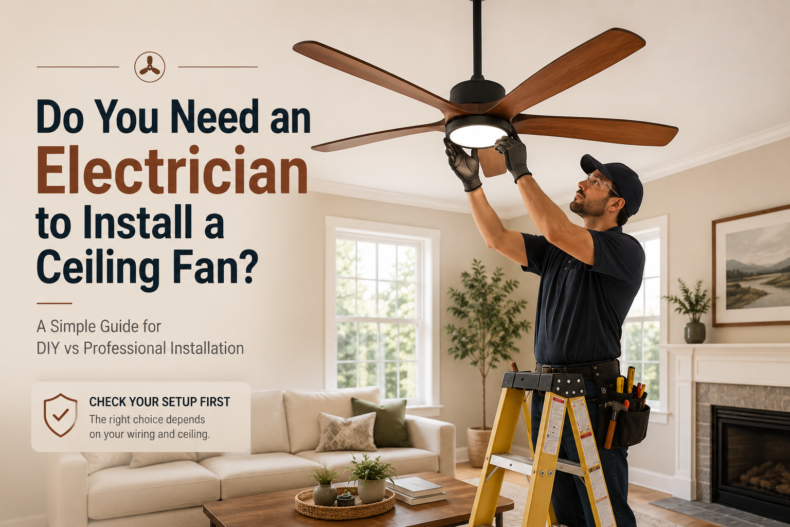 Electrician checking ceiling fan wiring before installation in a modern living room